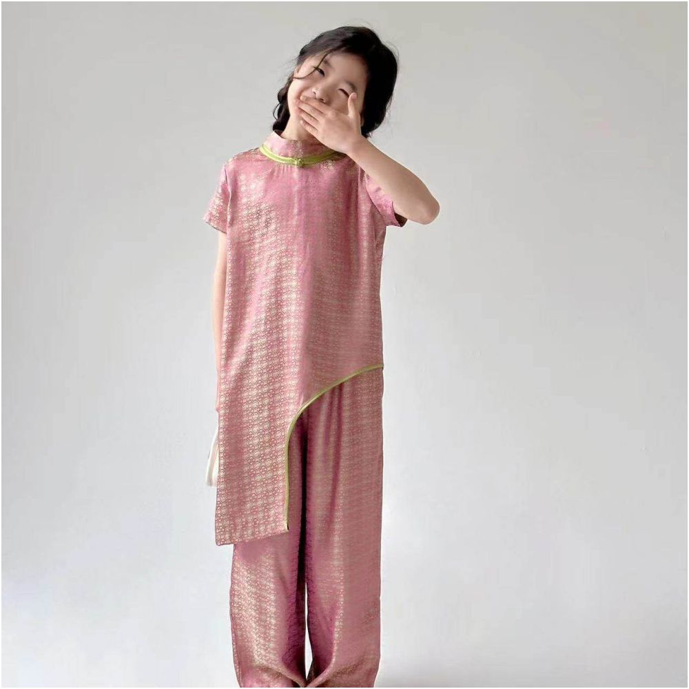 Internet celebrity explosion street Chinese style suit women s clothing 2025 new style new Chinese pink short sleeved shirt wide leg pants parent child outfit image 2