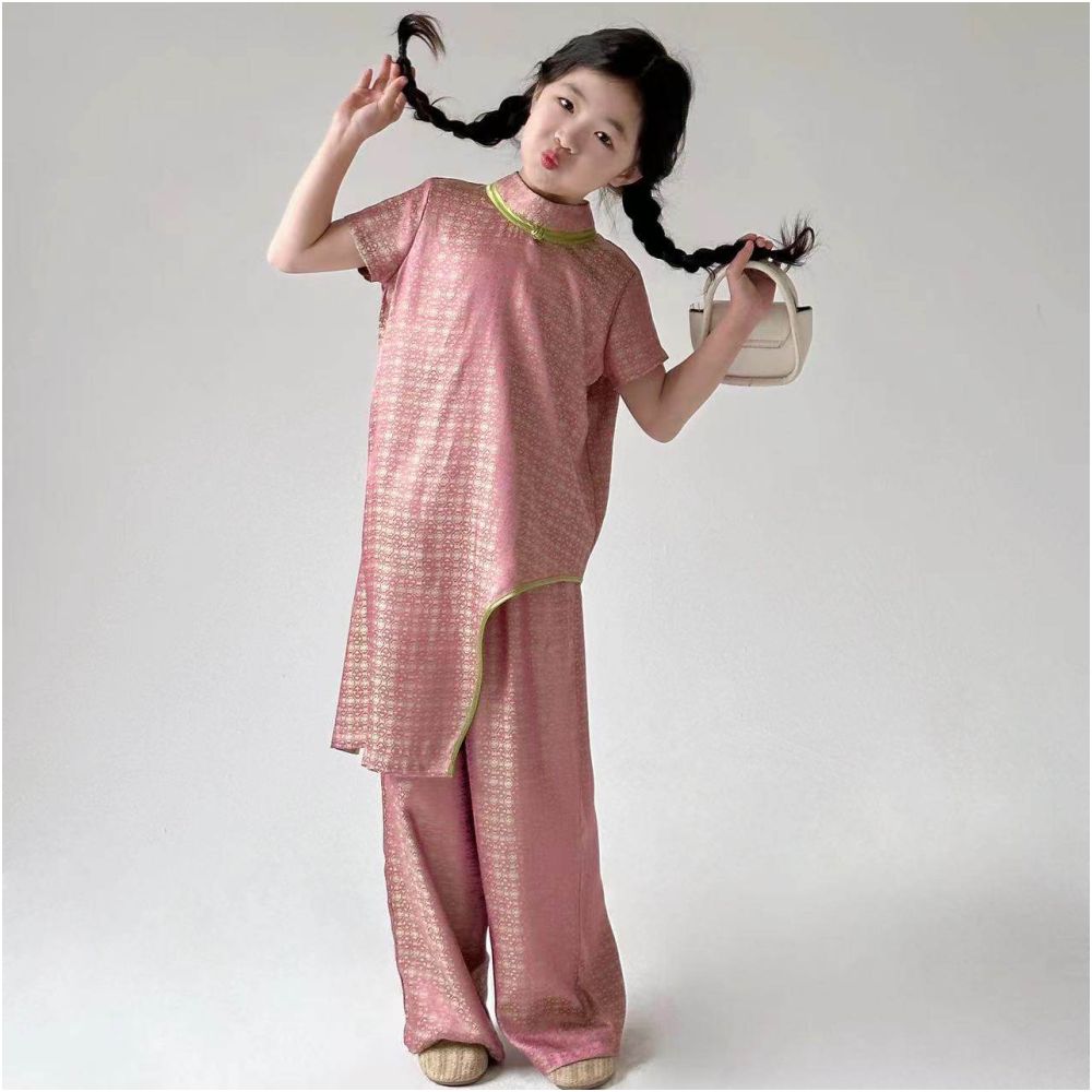 Internet celebrity explosion street Chinese style suit women s clothing 2025 new style new Chinese pink short sleeved shirt wide leg pants parent child outfit image 3