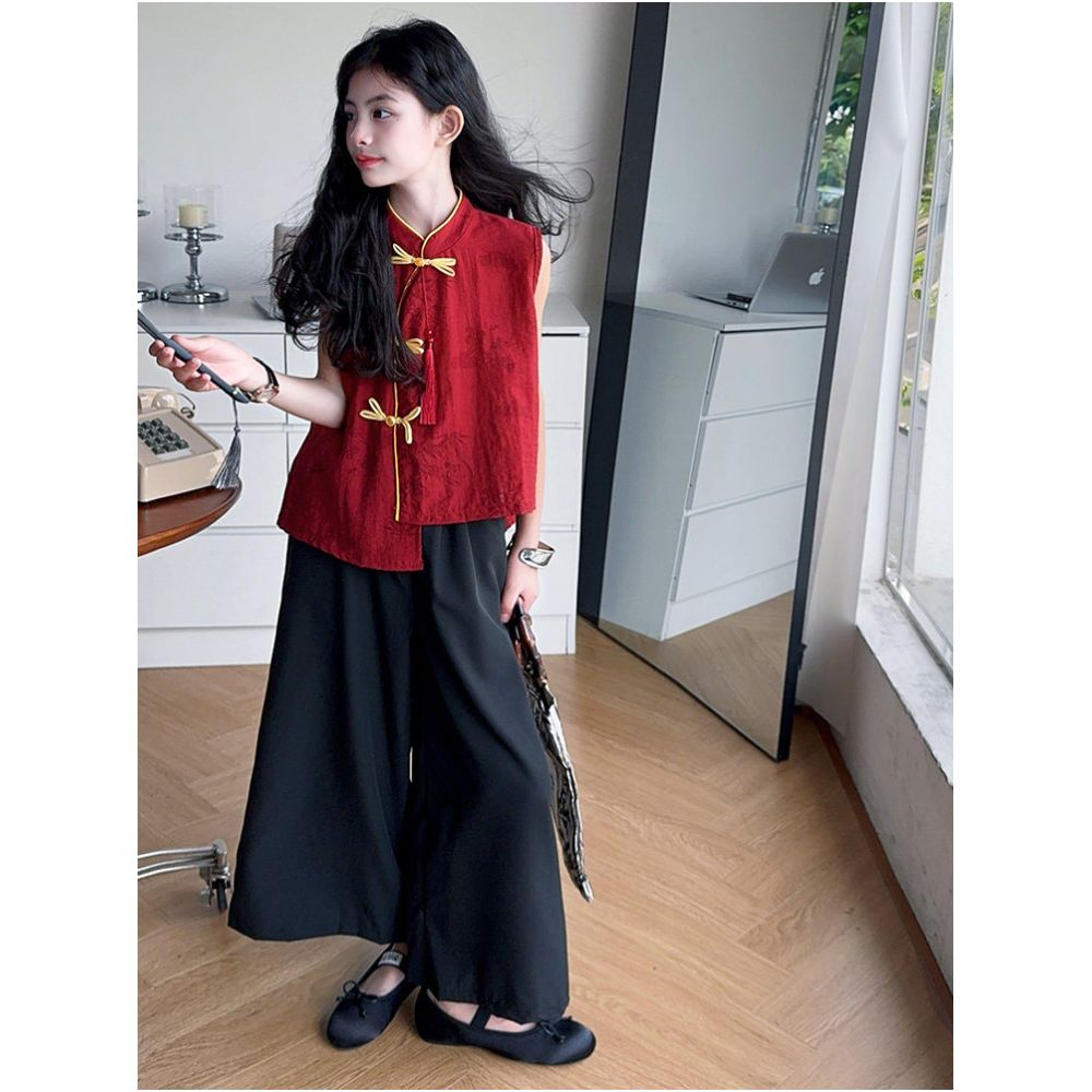 New Chinese style girls Hanfu set summer 2025 new style children s national style buckle vest ice silk wide leg pants Tang suit image 0