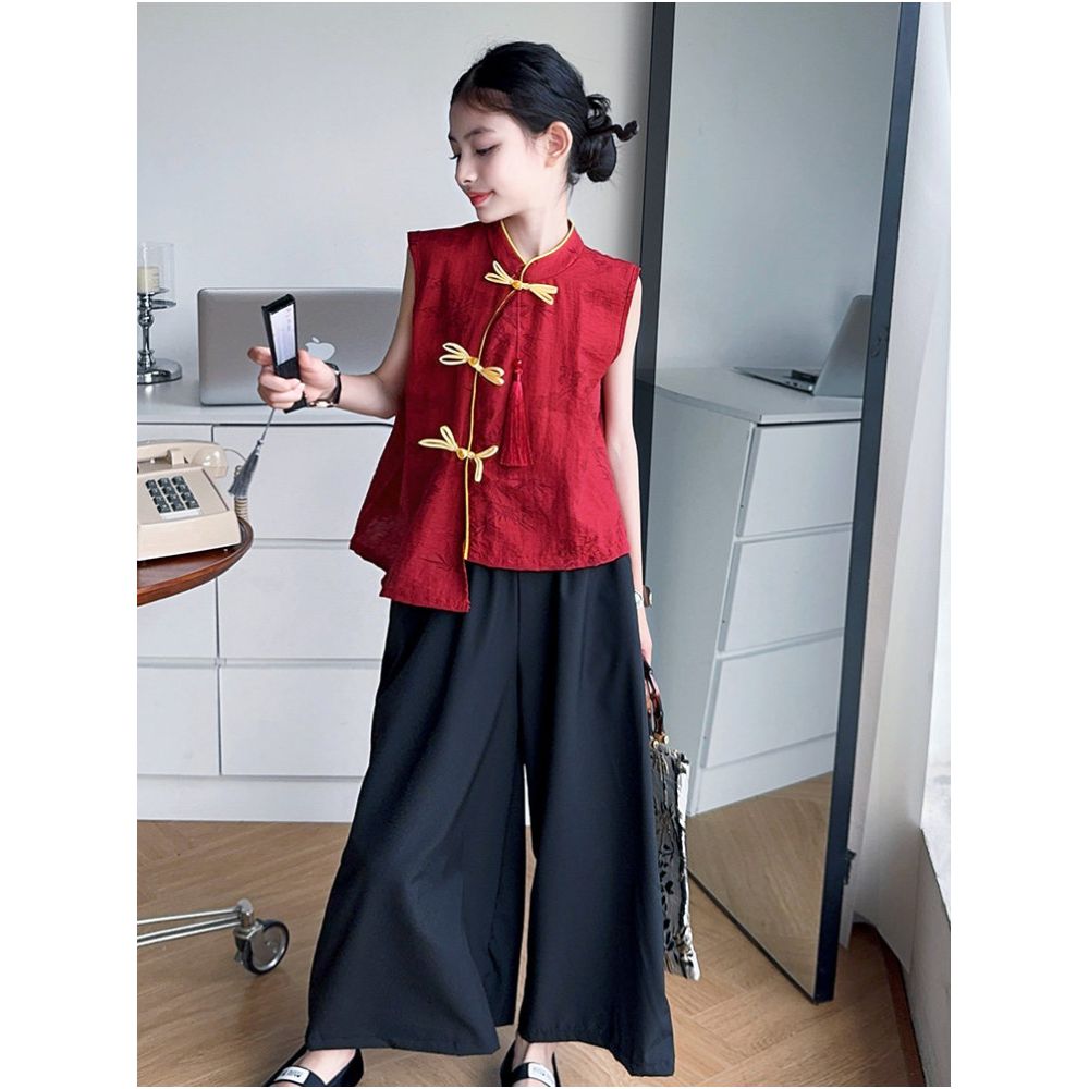 New Chinese style girls Hanfu set summer 2025 new style children s national style buckle vest ice silk wide leg pants Tang suit image 1
