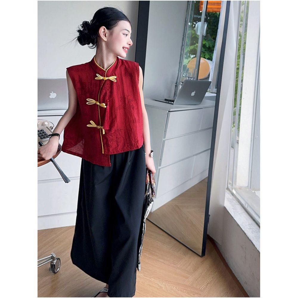 New Chinese style girls Hanfu set summer 2025 new style children s national style buckle vest ice silk wide leg pants Tang suit image 2