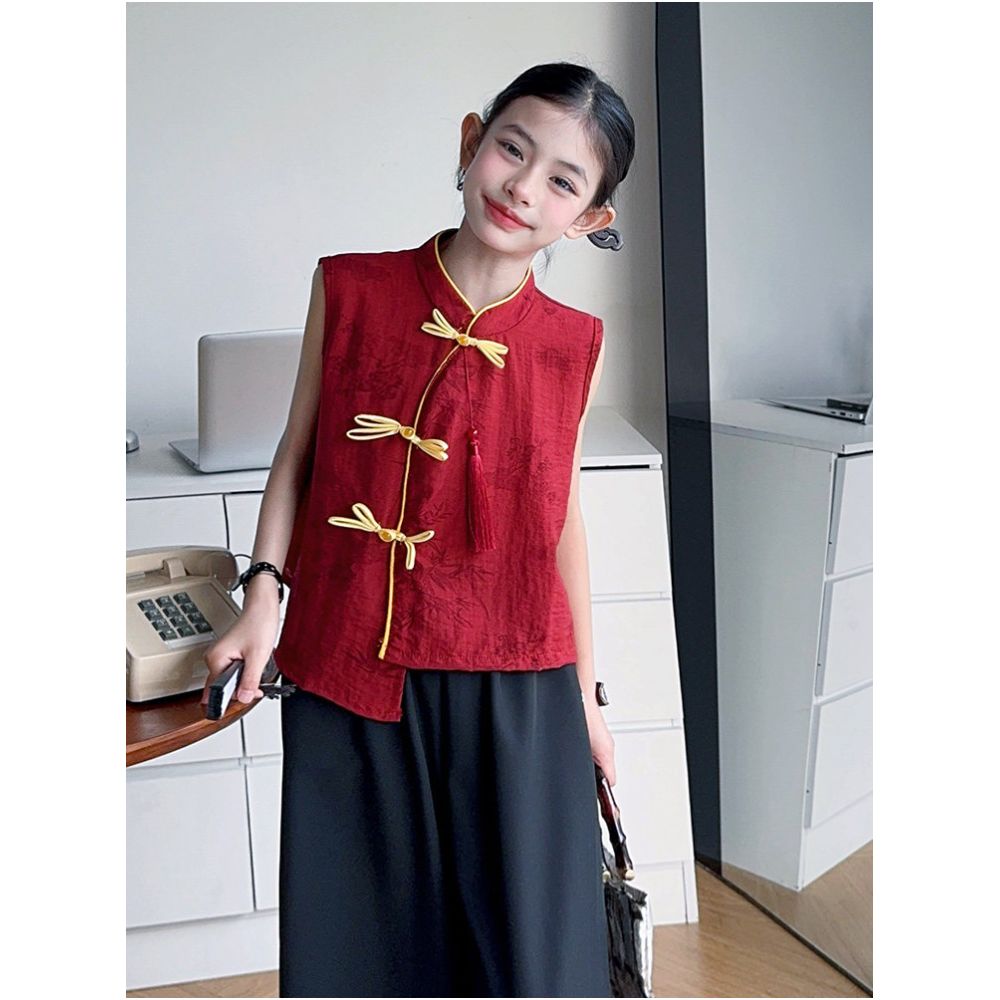 New Chinese style girls Hanfu set summer 2025 new style children s national style buckle vest ice silk wide leg pants Tang suit image 3