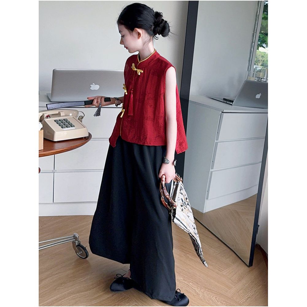 New Chinese style girls Hanfu set summer 2025 new style children s national style buckle vest ice silk wide leg pants Tang suit image 4
