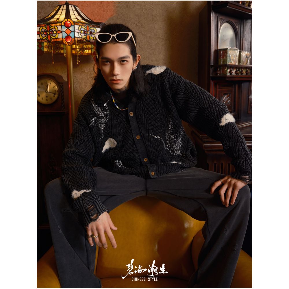 Blue sea tide cloud crane autumn and winter new Chinese style China Chic knitwear cardigan sweater coat men and women image 1