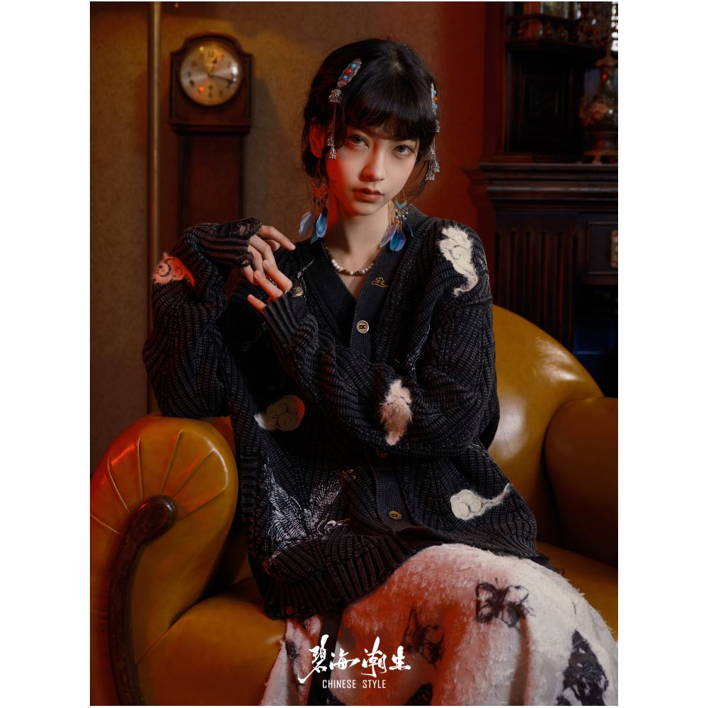 Blue sea tide cloud crane autumn and winter new Chinese style China Chic knitwear cardigan sweater coat men and women image 2