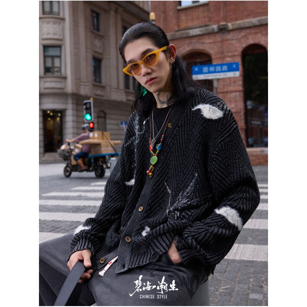 Blue sea tide cloud crane autumn and winter new Chinese style China Chic knitwear cardigan sweater coat men and women image 3