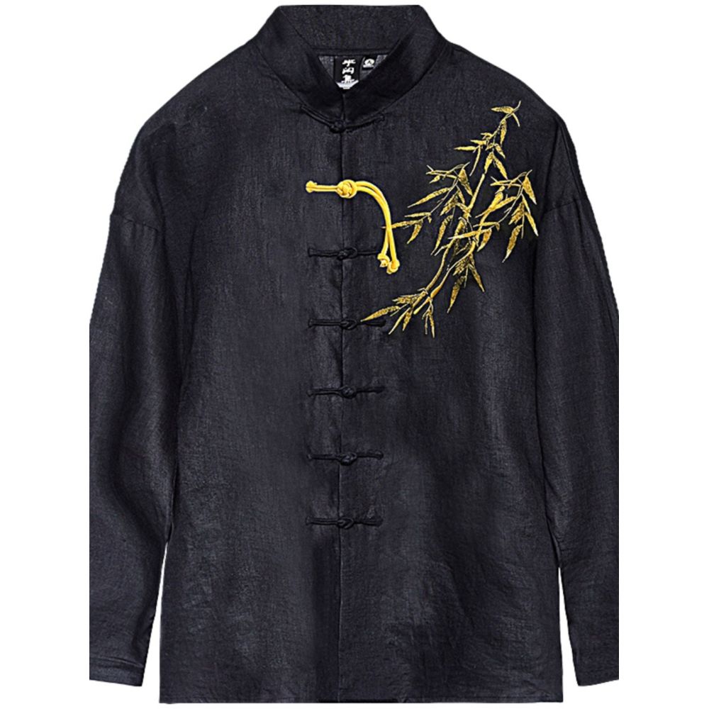 Half Leisure Collection u003cBamboo Embroidery u003eChinese style long sleeved shirt with spring and autumn embroidery cotton and linen jacket new Chinese style men s shirt Tang style shirt image 4