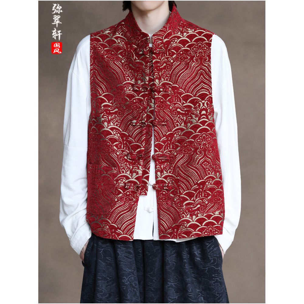 Chinese style retro buckle Tang style vest Spring and Autumn men s standing collar jacquard sleeveless camisole loose oversized versatile top image 0