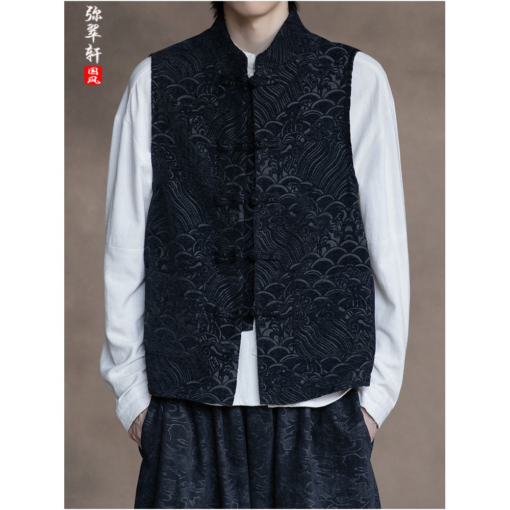 Chinese style retro buckle Tang style vest Spring and Autumn men s standing collar jacquard sleeveless camisole loose oversized versatile top image 1