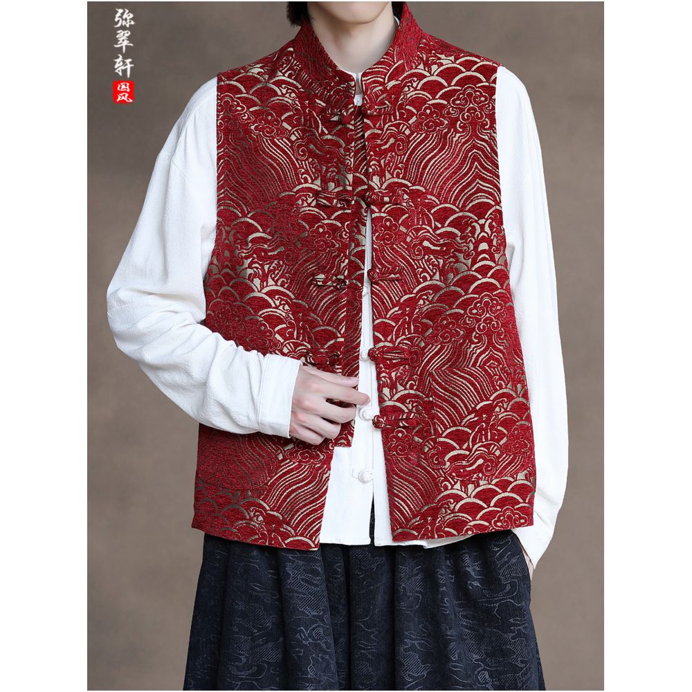 Chinese style retro buckle Tang style vest Spring and Autumn men s standing collar jacquard sleeveless camisole loose oversized versatile top image 4