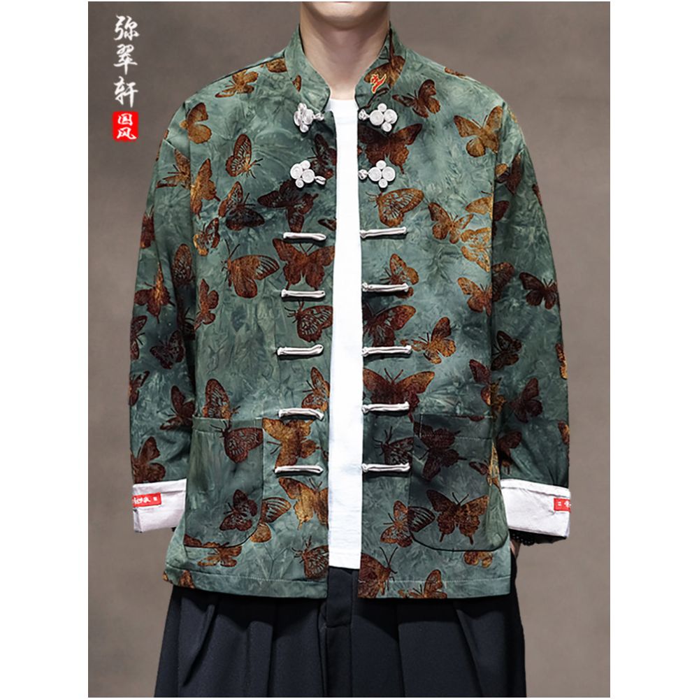Chinese style retro buckle Tang style jacket spring and autumn styles men s stand up collar versatile butterfly print oversized long sleeved top image 0