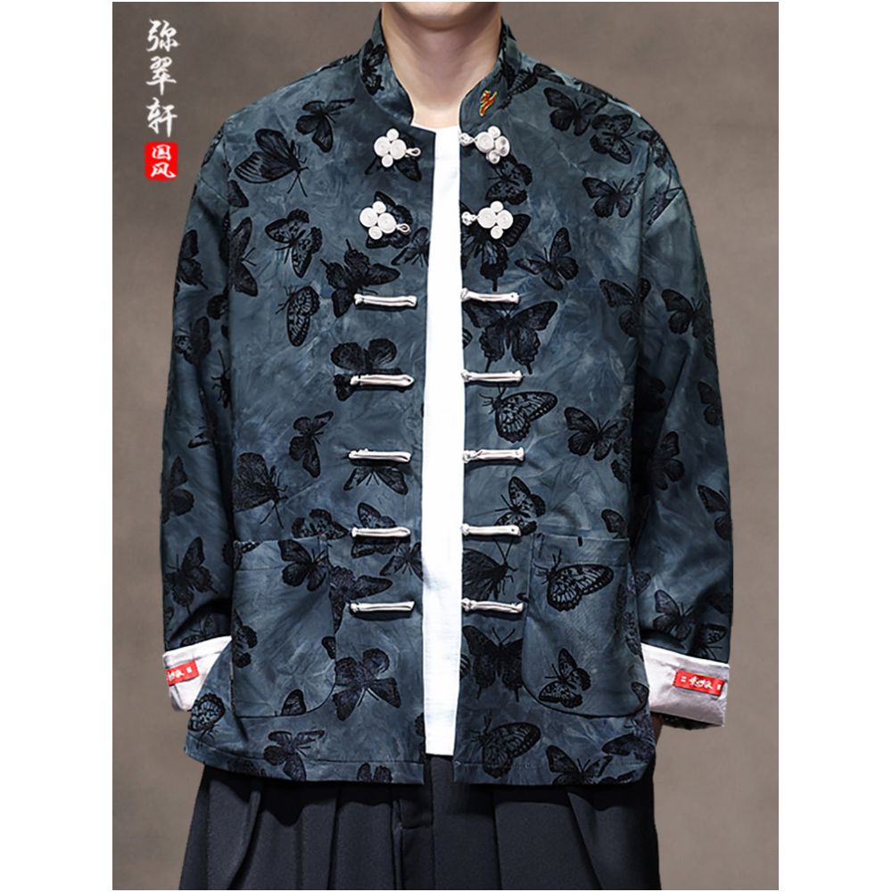 Chinese style retro buckle Tang style jacket spring and autumn styles men s stand up collar versatile butterfly print oversized long sleeved top image 3
