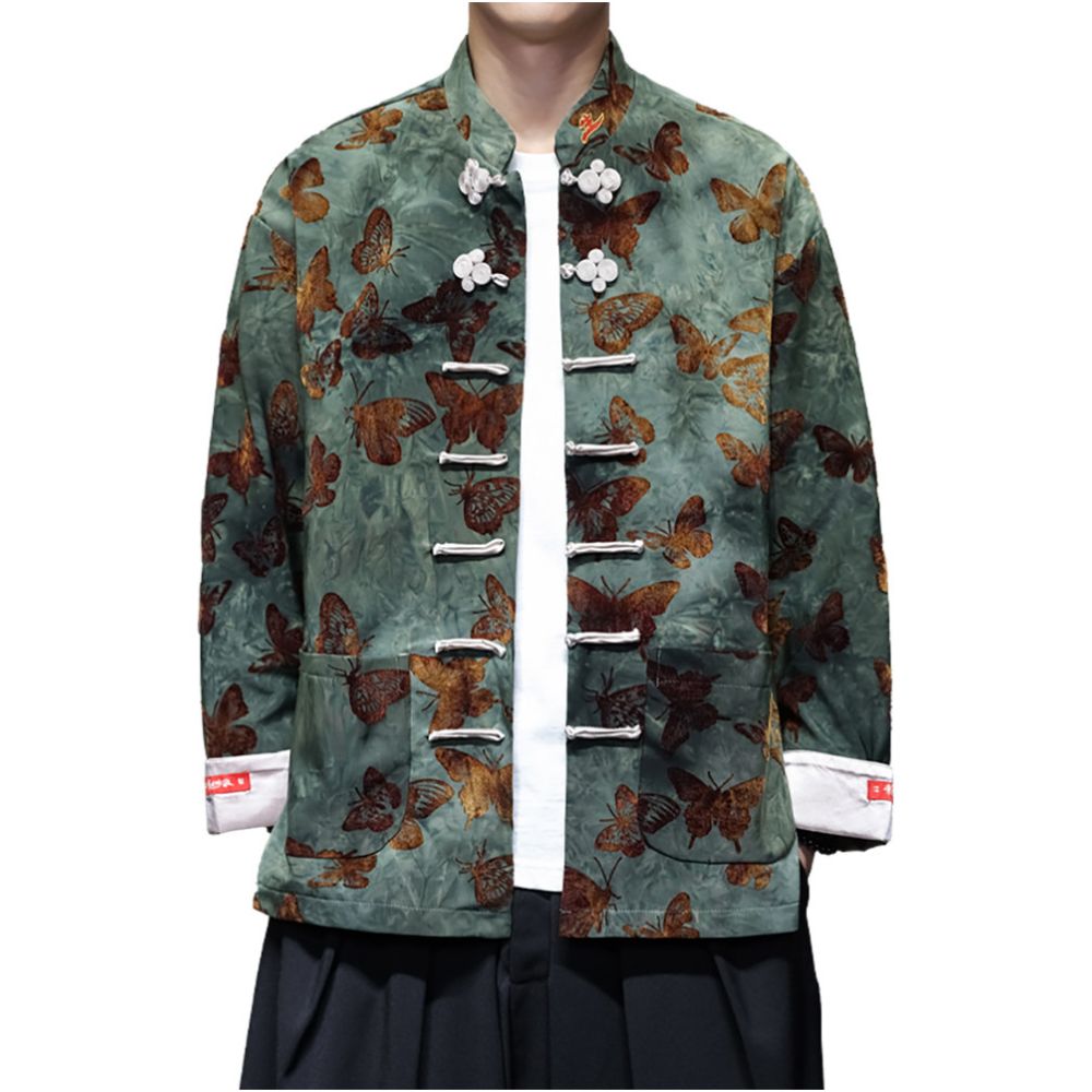 Chinese style retro buckle Tang style jacket spring and autumn styles men s stand up collar versatile butterfly print oversized long sleeved top image 4
