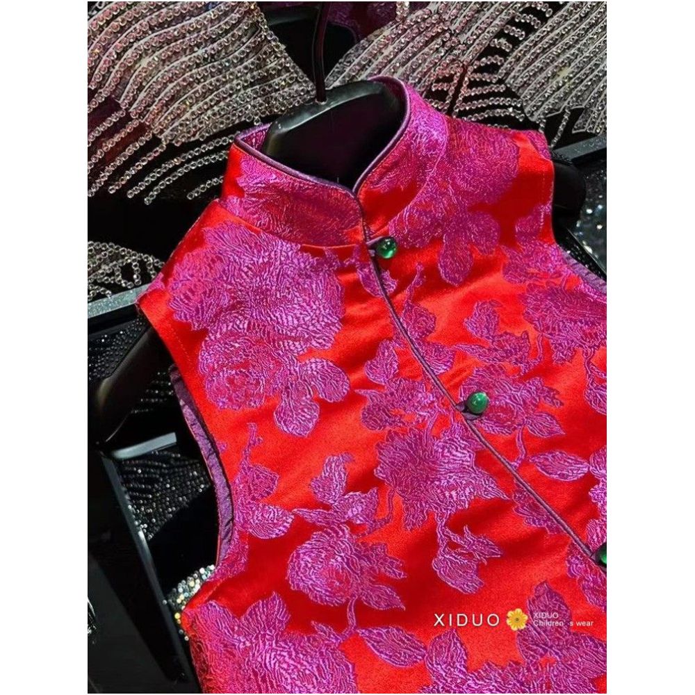 Customized children s clothing for girls autumn and winter new Chinese retro temperament cotton jacquard qipao Tang style qipao vest trendy parent child outfit image 2