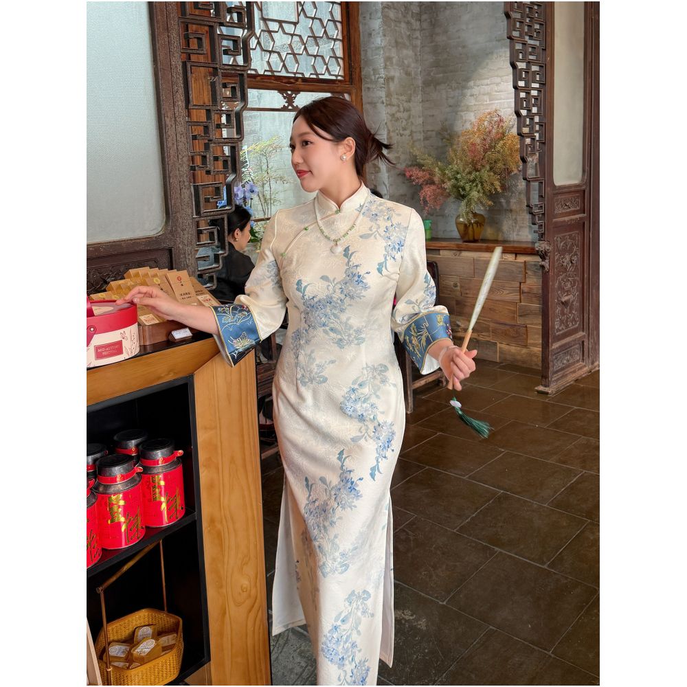 Zhang s butt plus plus size women s clothing new Chinese style improved cheongsam skirt fat mm slimming slim fit jacquard embroidery dress image 3