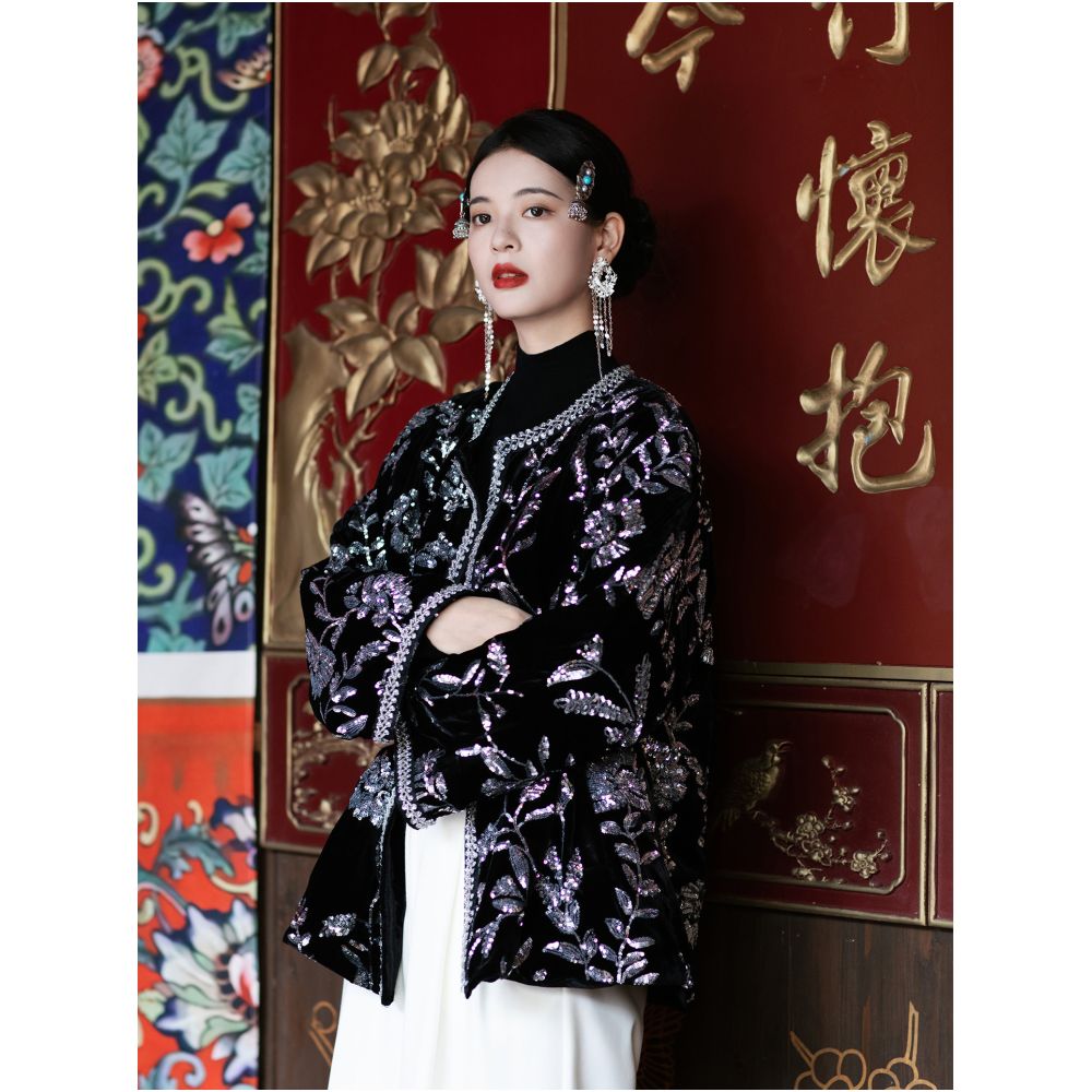Anytime anywhere Feiyun high precision sequin embroidery New Chinese heavy industry bead embroidery velvet jacket image 2