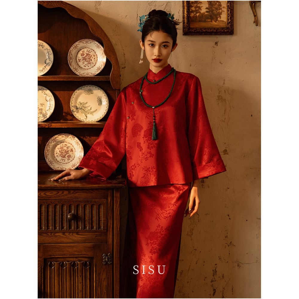 Sisu s new Chinese style toast cheongsam set for wedding engagement long sleeved dress with white and luxurious feel loose back door banquet image 0