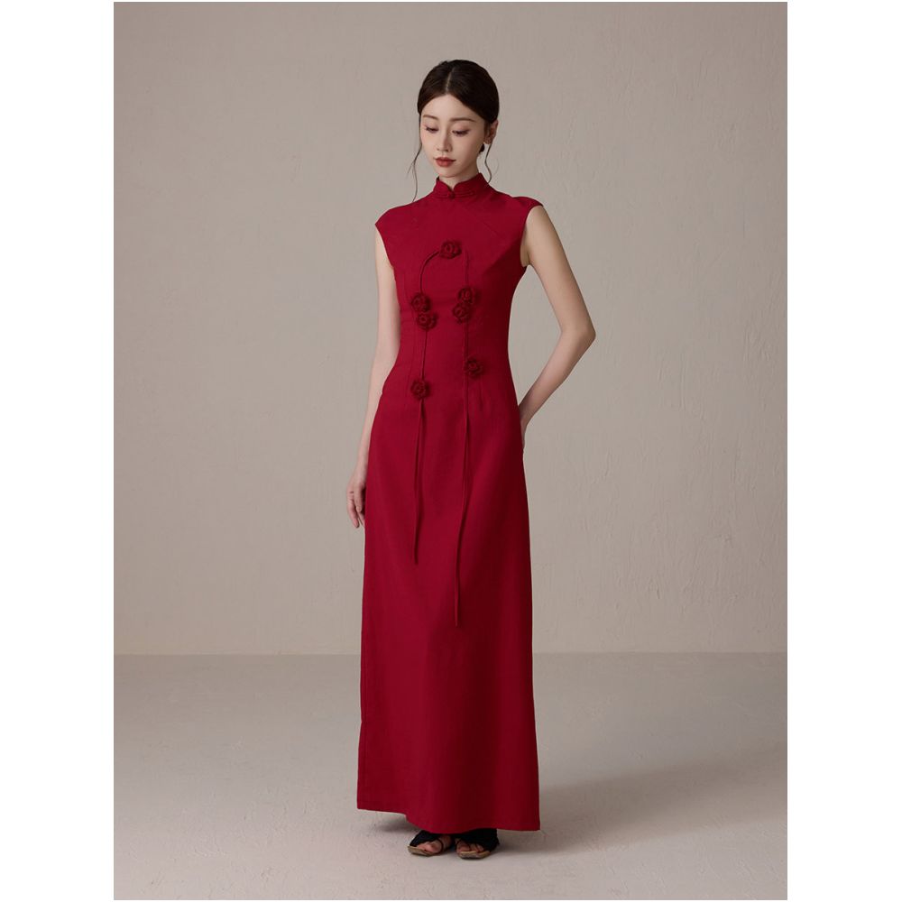 ONMOON Original New Chinese Red Flower Cheongsam Dress 2025 New Chinese Style Pan Button Toast Dress image 0