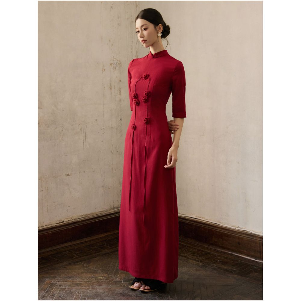 ONMOON Red Flower Five Sleeve Cheongsam Dress 2025 Autumn Edition New Chinese Toast Dress for Children image 0