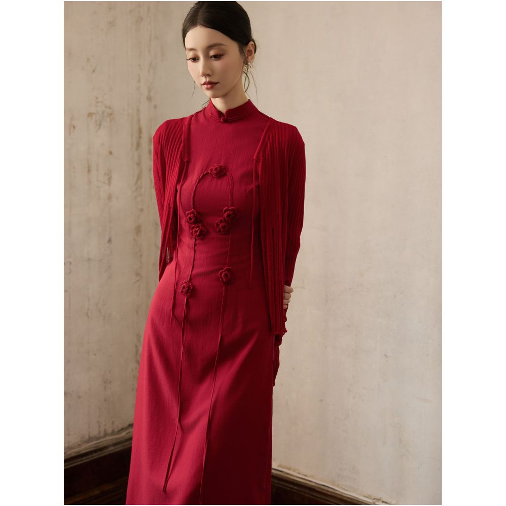 ONMOON Red Flower Five Sleeve Cheongsam Dress 2025 Autumn Edition New Chinese Toast Dress for Children image 2