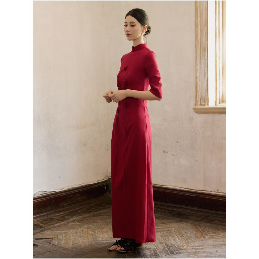 ONMOON Red Flower Five Sleeve Cheongsam Dress 2025 Autumn Edition New Chinese Toast Dress for Children image 3