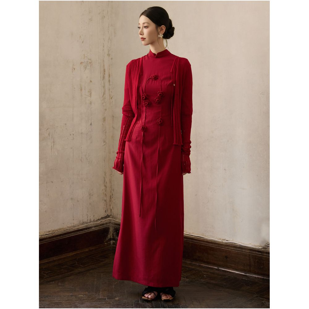 ONMOON Red Flower Five Sleeve Cheongsam Dress 2025 Autumn Edition New Chinese Toast Dress for Children image 4