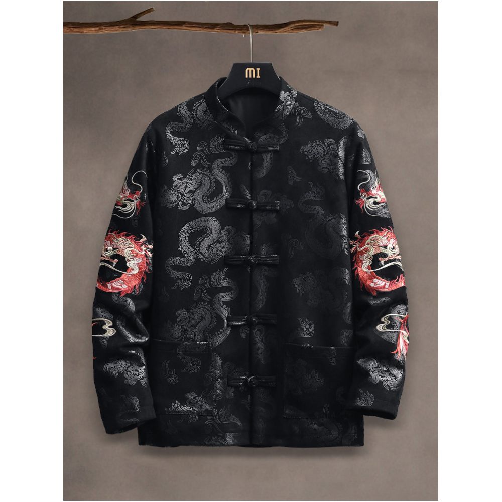 New Chinese style autumn and winter suede embroidered dragon pattern Tang style men s jacket with Chinese style buckle round neck Zhongshan suit jacket image 2