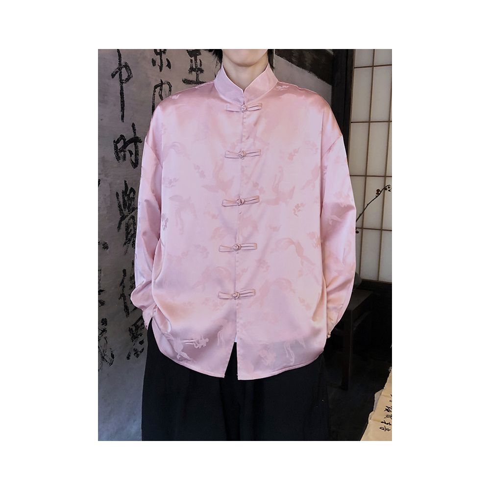 Pink satin ice silk shirt men s long sleeved new Chinese style jacquard Tang style loose couple casual top image 0