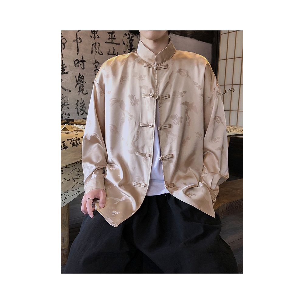 Pink satin ice silk shirt men s long sleeved new Chinese style jacquard Tang style loose couple casual top image 2