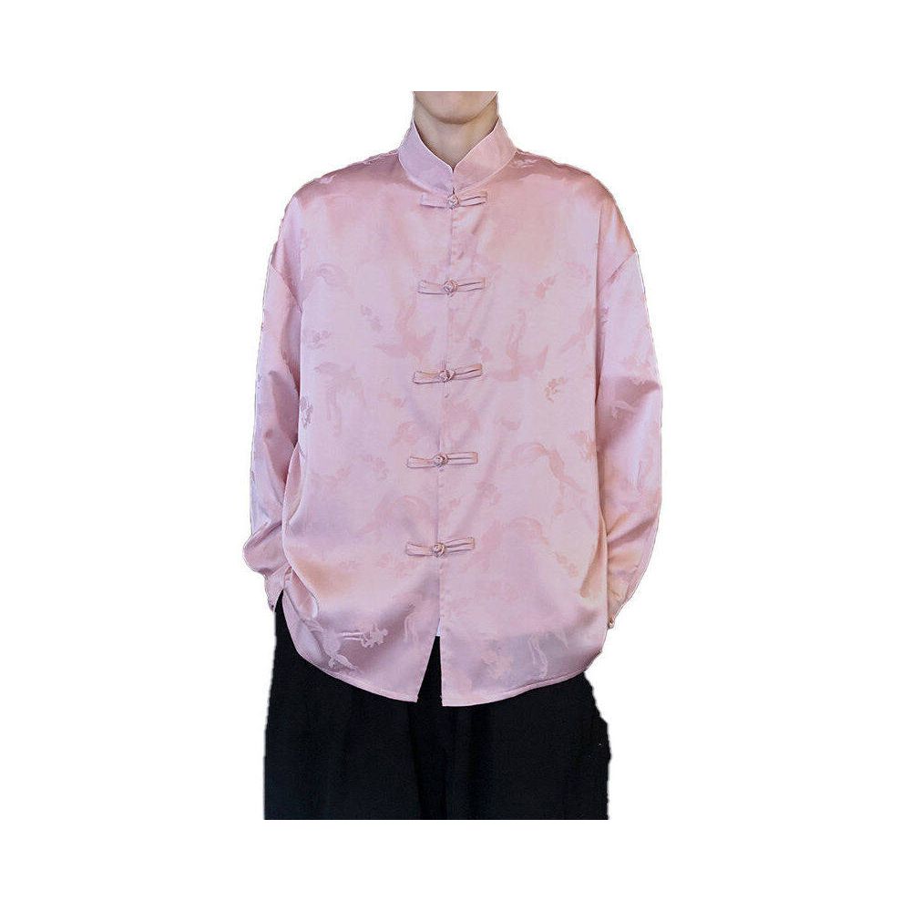 Pink satin ice silk shirt men s long sleeved new Chinese style jacquard Tang style loose couple casual top image 4