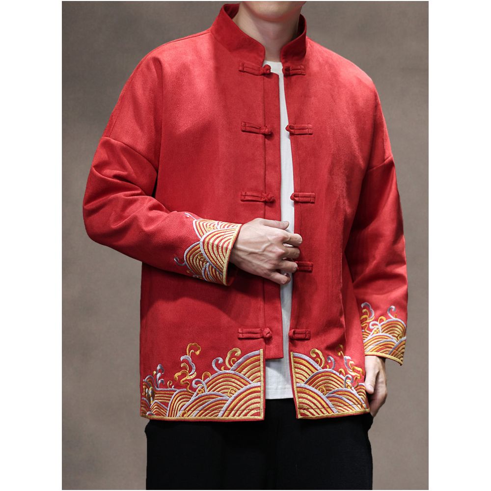 New Chinese style autumn and winter casual embroidered Tang suit jacket loose oversized suede with buckle Zhongshan suit men s tea jacket image 2