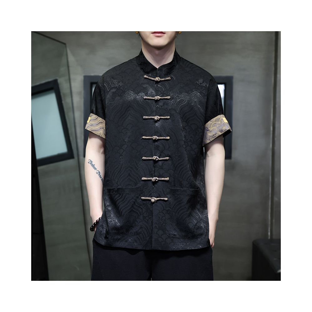 Chinese style retro button down short sleeved shirt summer thin embroidered casual top men s loose fit plus size stand up collar tea jacket image 1