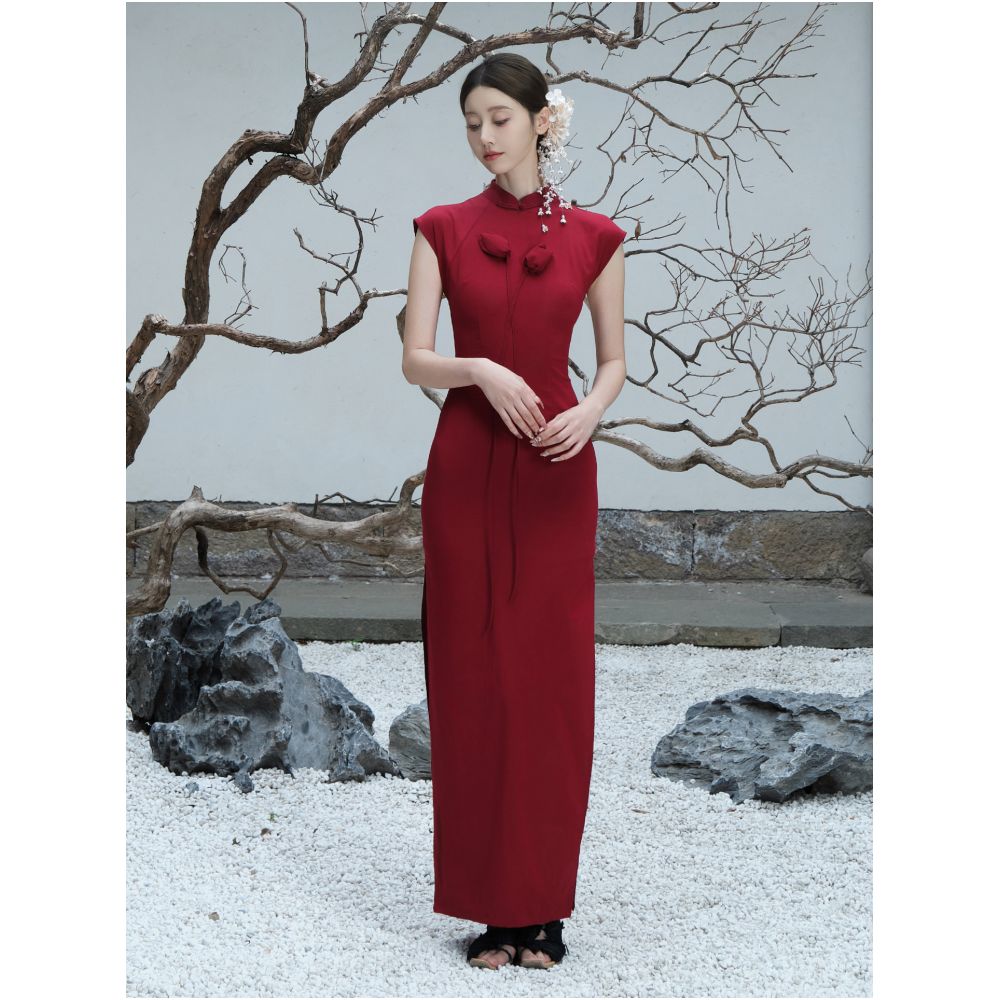 ONMOON New Chinese Style Flower Improved Cheongsam Red Tulip Dress Engagement Toast Dress Dress image 0