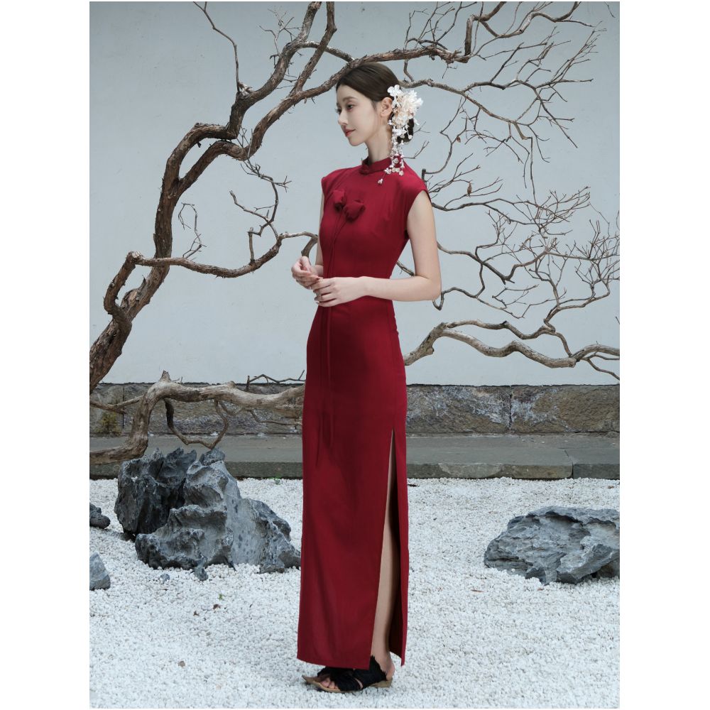 ONMOON New Chinese Style Flower Improved Cheongsam Red Tulip Dress Engagement Toast Dress Dress image 2