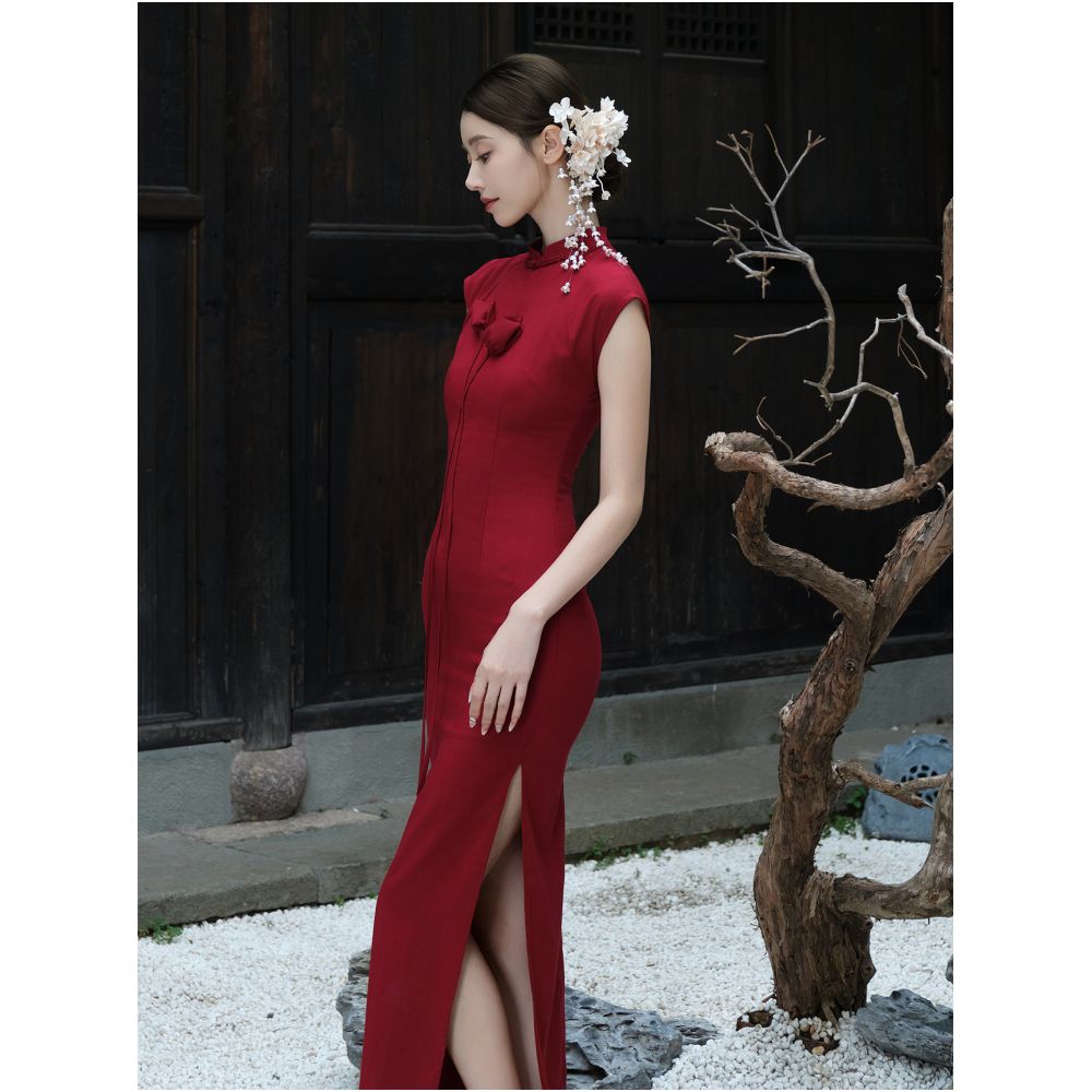 ONMOON New Chinese Style Flower Improved Cheongsam Red Tulip Dress Engagement Toast Dress Dress image 3