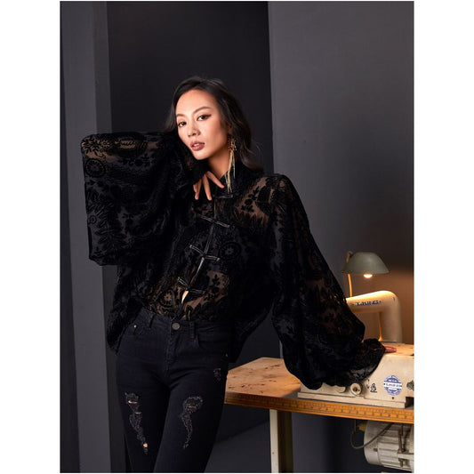 ASAYA5613 – Noir Lace Mandarin Blouse 🖤🕯️