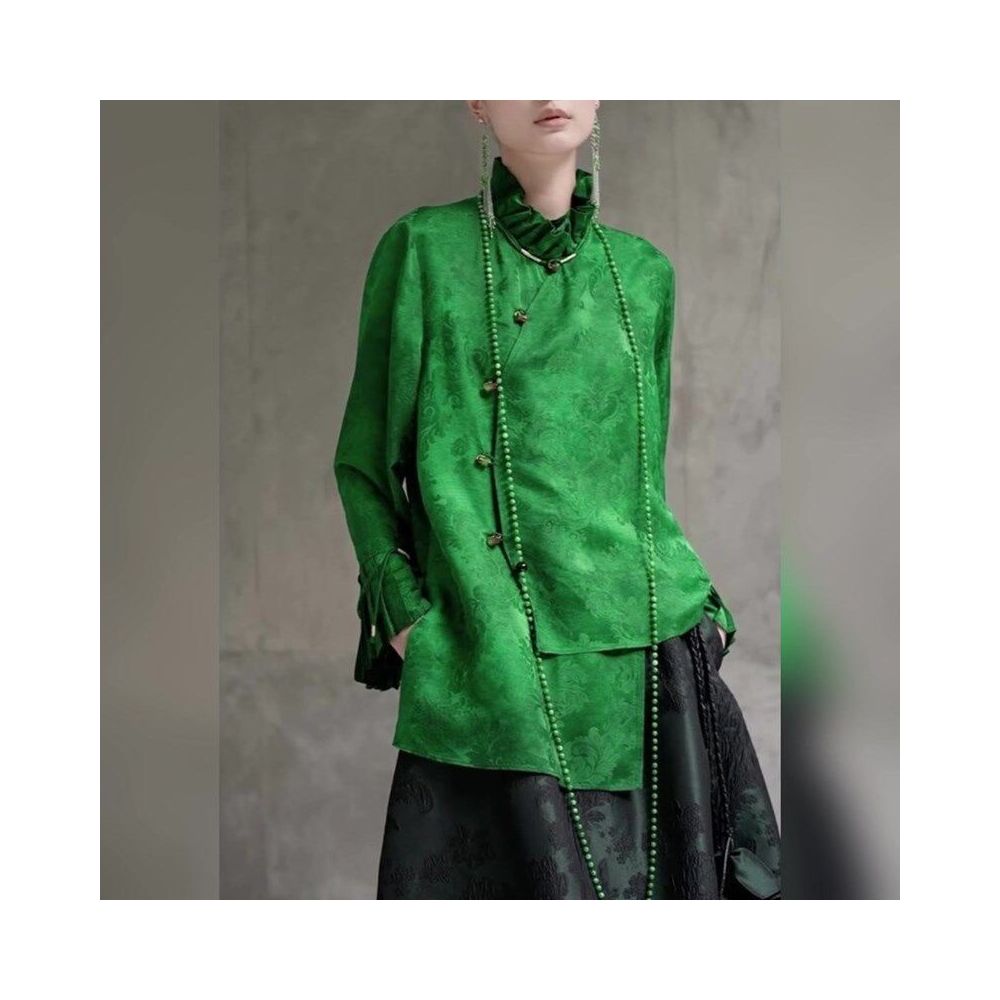 ASAYA5647 – Emerald Jacquard Mandarin Blouse 💚🍃