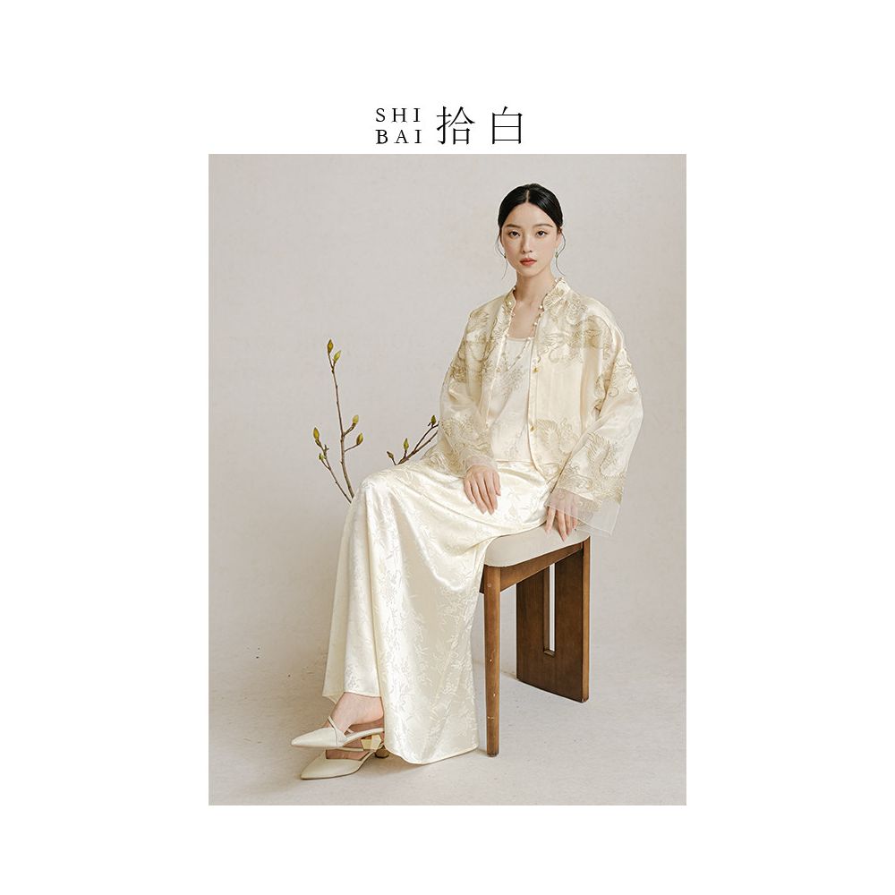 SHIBAI White Original Innovative Chinese Coat 2025 Spring and Autumn New Heavy Industry Dragon Pattern Embroidery Improved Pan Button Top image 2