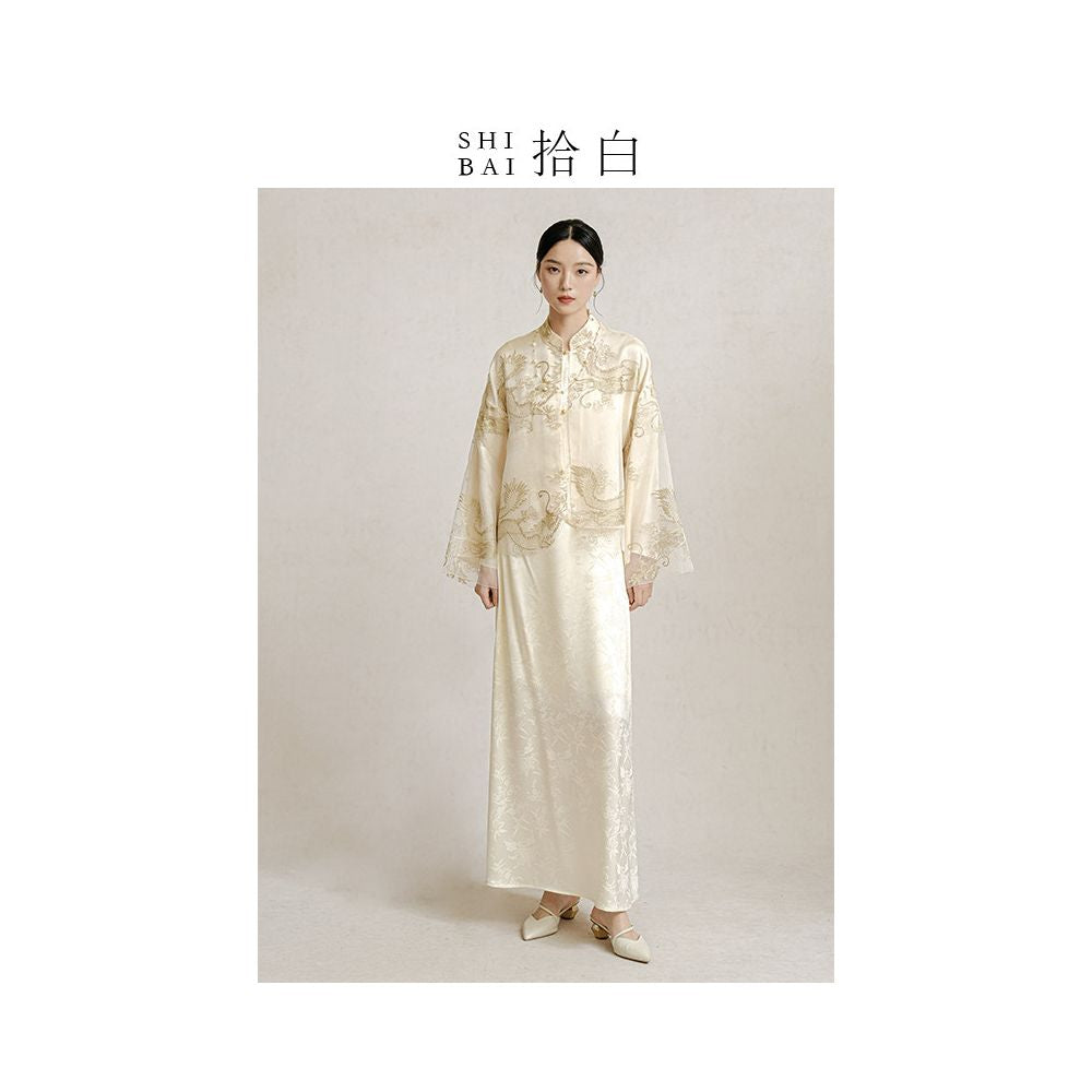 SHIBAI White Original Innovative Chinese Coat 2025 Spring and Autumn New Heavy Industry Dragon Pattern Embroidery Improved Pan Button Top image 3