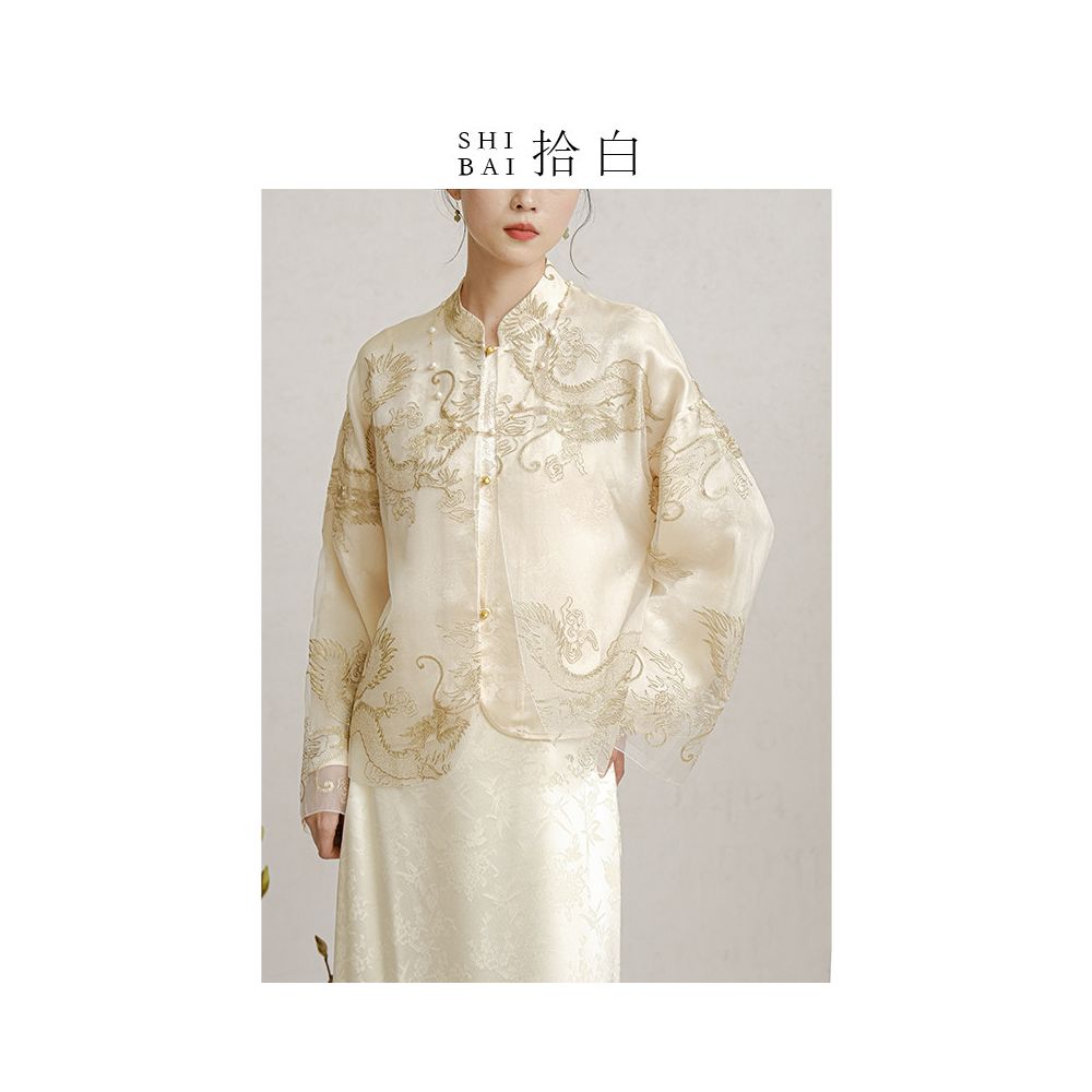 SHIBAI White Original Innovative Chinese Coat 2025 Spring and Autumn New Heavy Industry Dragon Pattern Embroidery Improved Pan Button Top image 5