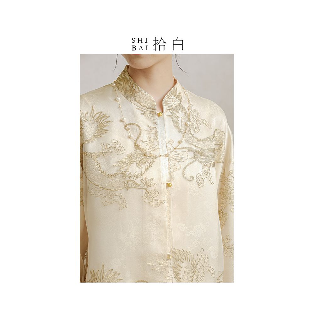 SHIBAI White Original Innovative Chinese Coat 2025 Spring and Autumn New Heavy Industry Dragon Pattern Embroidery Improved Pan Button Top image 1