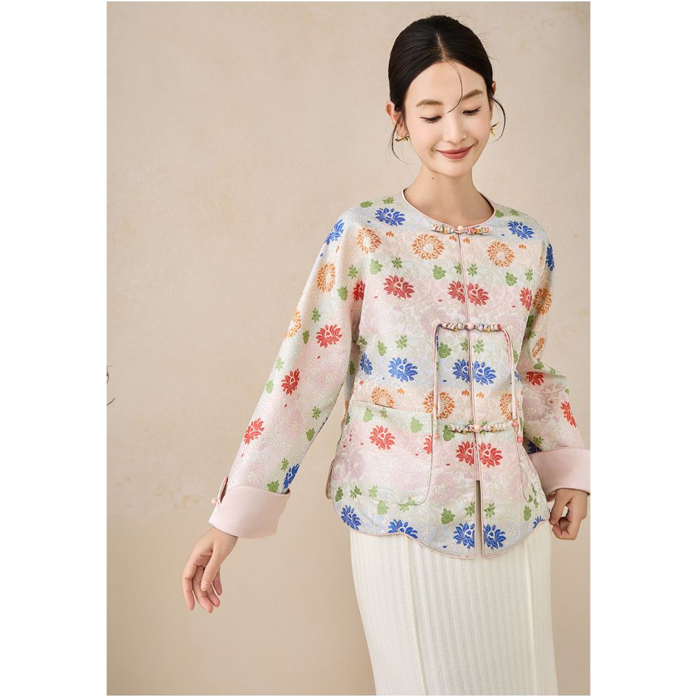 SHIBAI picked up white entwined lotus imitating Song Jinxin Chinese style buttoned jacquard jacket improved Tang style women s top image 4