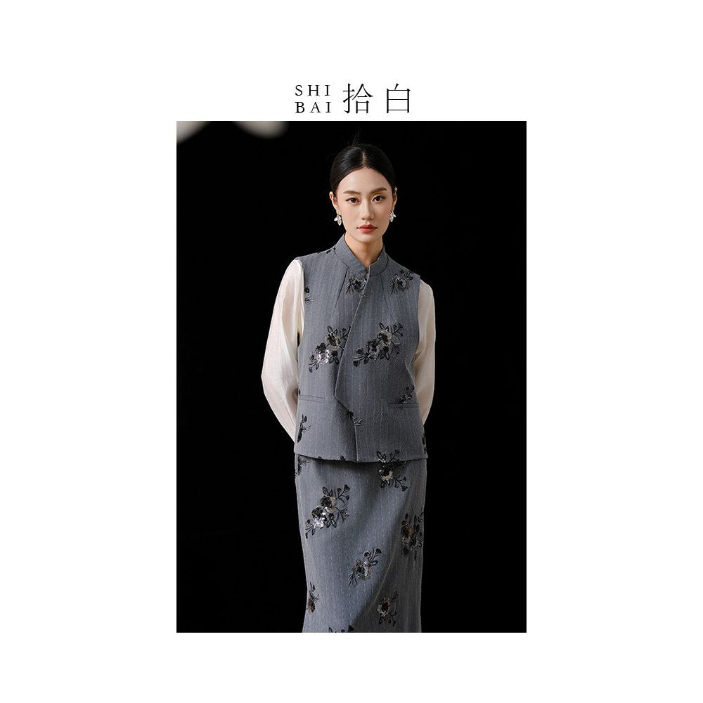 SHIBAI Shibaiyuan Innovative Chinese Set with Chinese Style Heavy Industry Embroidery Retro Fashion Commuter Daily Vest Half Skirt image 2