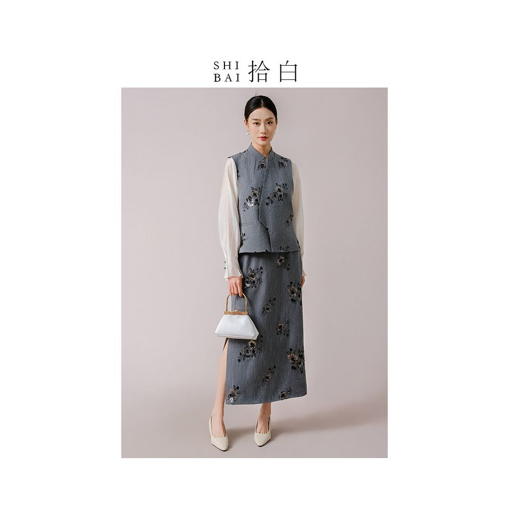 SHIBAI Shibaiyuan Innovative Chinese Set with Chinese Style Heavy Industry Embroidery Retro Fashion Commuter Daily Vest Half Skirt image 5