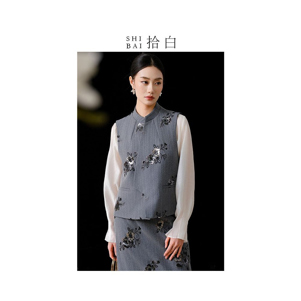 SHIBAI Shibaiyuan Innovative Chinese Set with Chinese Style Heavy Industry Embroidery Retro Fashion Commuter Daily Vest Half Skirt image 0