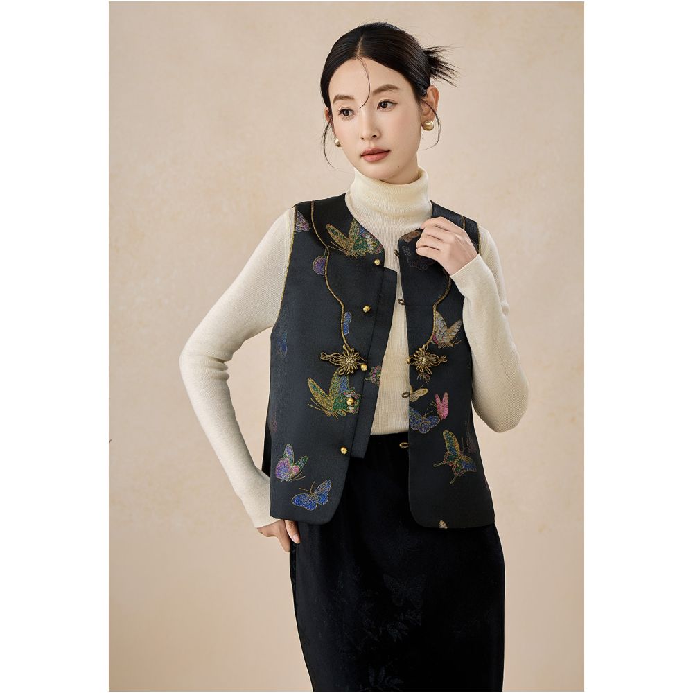 SHIBAI White Original Satin New Chinese Spring and Autumn New Style Weaving Brocade Jacquard Black National Style Pan Buckle Women s Horseclip image 3