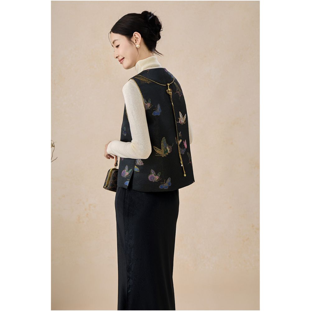 SHIBAI White Original Satin New Chinese Spring and Autumn New Style Weaving Brocade Jacquard Black National Style Pan Buckle Women s Horseclip image 5