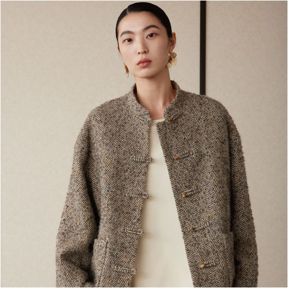 Ruyi Lianyun Maple Sleep Winter Clothing New Herringbone Pattern Stand up Collar Woolen Coat Women s New Chinese style Pan Button Short Coat image 3