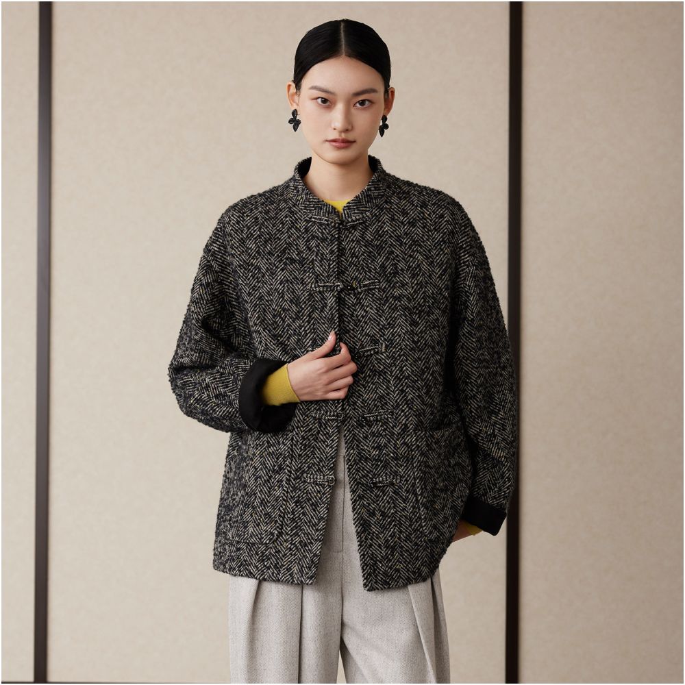 Ruyi Lianyun Maple Sleep Winter Clothing New Herringbone Pattern Stand up Collar Woolen Coat Women s New Chinese style Pan Button Short Coat image 4