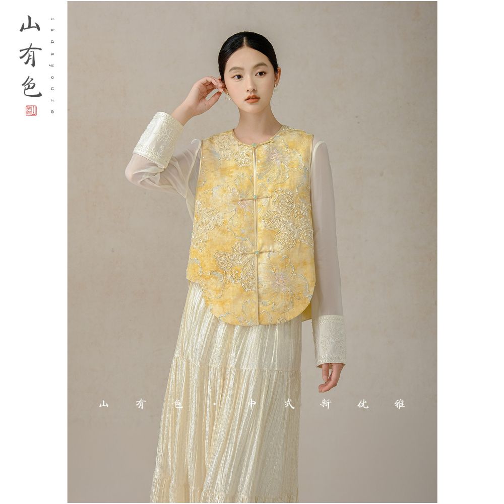 Mountain colored gold thread 2025 autumn women s new Chinese light style silk embroidery vest jacquard round neck shoulder image 2